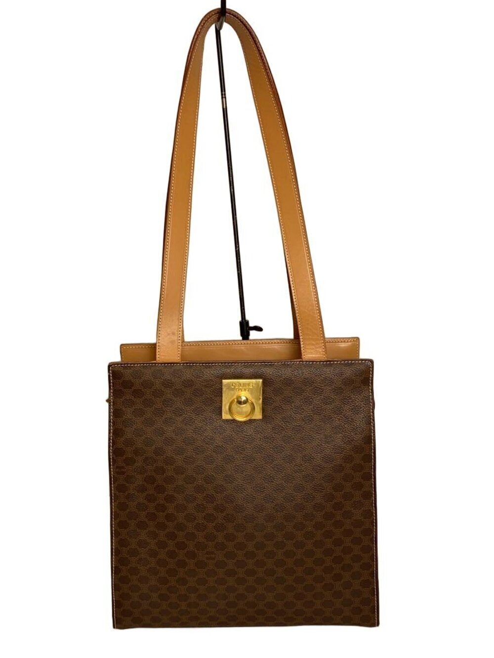 Celine Macadam Canvas Vertical Tote Monogram Leather Brown Tan
